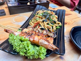 Japanese Food Fried Udon Yakitori Black Rectangle Plate