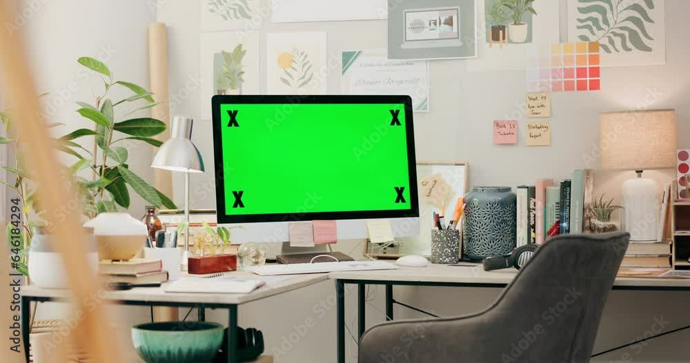 Aufkleber office, desk and computer with green screen, chromakey and desktop placeholder for website design in