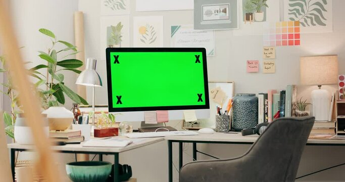 Office, desk and computer with green screen, chromakey and desktop placeholder for website design information. Pc monitor, mockup and space for media promo, branding or logo in creative workplace.