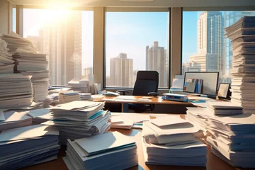 Foto op Plexiglas The workplace on office desk surrounded by a pile of documents. Business concept of work and hard work. © cwa