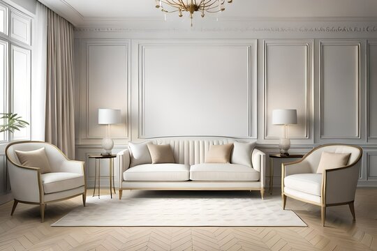 Contemporary classic white beige interior with sofa and decor. 3d render illustration mockup. Modern living room
