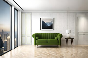 Modern interior of wall space with green armchair on empty white room. 3d rendering