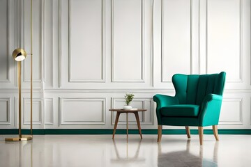 Modern interior of wall space with green armchair on empty white room