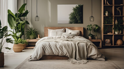 Interior of bedroom with cozy bed and houseplant on coffee table