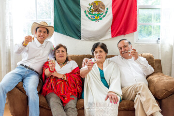 Portrait looking at the camera of a family toasting with shots of tequila