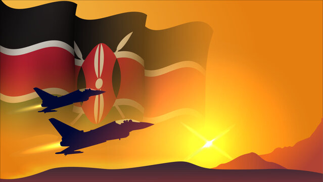 fighter jet plane with kenya waving flag background design with sunset view suitable for national kenya air forces day event