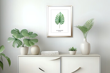 Blank picture frame mockup in home interior design. Living room, commode with lamp, tropical plant and vases. Beige style composition