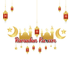 Lettering ramadan kareem islamic arabic typography text for marhaban ya ramadhan sticker with lantern mosque background