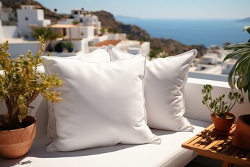 Close up of a White Cushion over a Comfortable White Sofa over a Blurred Background of the Greece, Santorini.