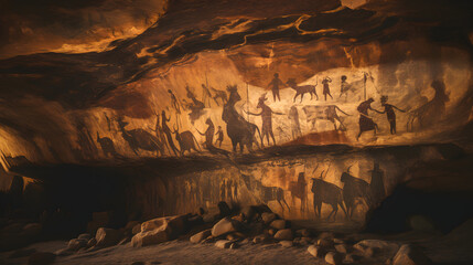 Paleolithic cave paintings. Human and animal figures, ancient art with a glimpse into the life, beliefs, and culture of our early ancestors