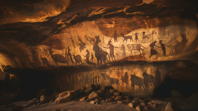Paleolithic cave paintings. Human and animal figures, ancient art with a glimpse into the life, beliefs, and culture of our early ancestors