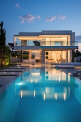Luxurious Exterior Design of a Modern White House with a Pool. Expensive.