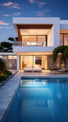 Luxurious Exterior Design of a Modern White House with a Pool. Expensive.