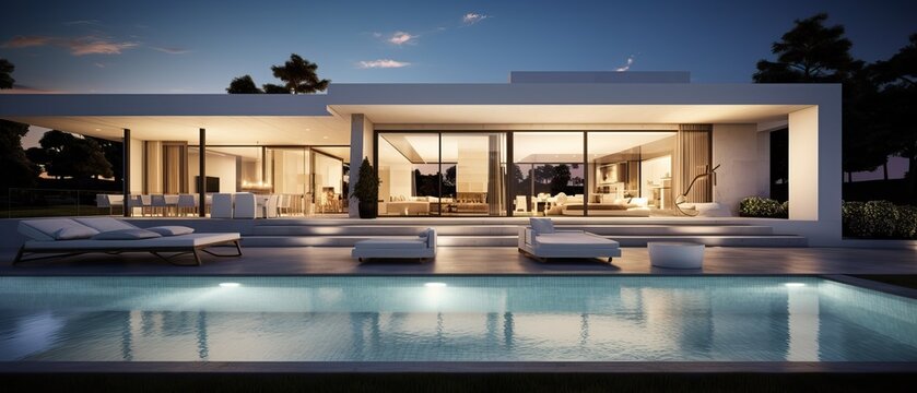 Luxurious Exterior Design of a Modern White House with a Pool. Expensive.