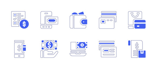 Payment icon set. Duotone style line stroke and bold. Vector illustration. Containing cashless payment, online payment, payment, payment survey, wallet, credit card, laptop, card, bill.