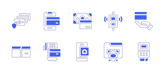 Payment icon set. Duotone style line stroke and bold. Vector illustration. Containing payment method, payment terminal, online payment, mobile payment, money, credit card, broken, bill.