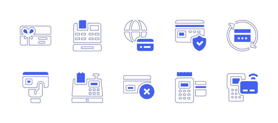 Payment icon set. Duotone style line stroke and bold. Vector illustration. Containing payment, secure payment, credit card, declined, contactless, gift card, cash register.