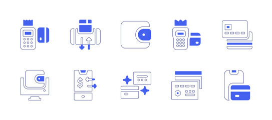 Payment icon set. Duotone style line stroke and bold. Vector illustration. Containing billfold, cash machine, card, credit card, pos, smartphone, digital banking, online wallet, money transfer.