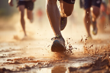 Close-Up Shots of Legs and Feet with Sneakers Running in Race through Mudwater, Generative AI