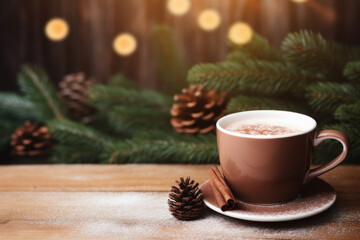 Obraz na płótnie Canvas Hot Chocolate Cup with Christmas Pine Background - Festive Treat, Generative AI