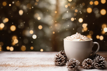 Obraz na płótnie Canvas Hot Chocolate Cup with Snow Christmas Pine Background - Festive Treat, Generative AI