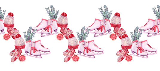 Seamless rim watercolor winter red hat and mittens and skates on white background. Border with eucalyptus for Christmas celebration invite or sketchbook. Pattern for frame or wrapping and wallpaper