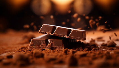 Dark chocolate bar with chocolate, created with ai generative technology - obrazy, fototapety, plakaty