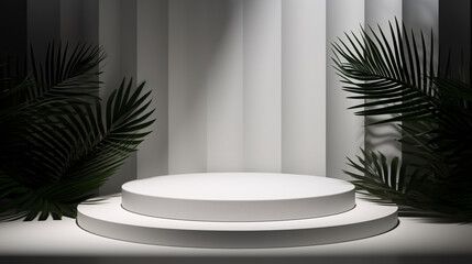 Abstract Realistic 3D Room with White Cylinder Pedestal Podium Set and Palm Leaf Shadow Overlay for Product Presentations