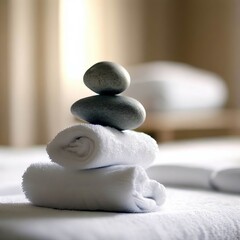 Spa-like setting with two stones and a towel. The stones and towels are arranged in a pyramid shape.