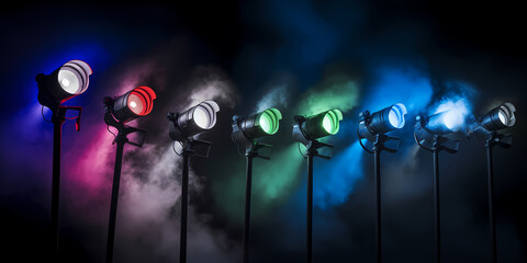 A set of stage lights in various colors with atmospheric fog 