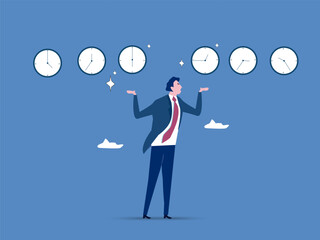 Businessman expert juggling clock in difference time. Time management, punctuality or work deadline, schedule plan or reminder, productivity expert or timer countdown, expertise concept.vector
