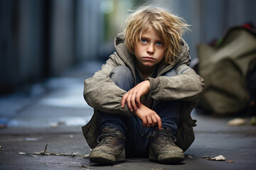 Little Blonde Homeless Boy Alone in Alley - Sad Expression, Generative AI