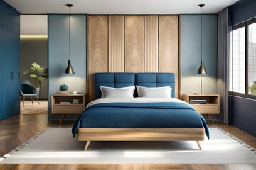 Modern bedroom interior with stylish combination of trendy blue and light wood texture/3D illustration, 3d rendering