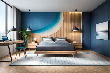 Fototapeta na wymiar Modern bedroom interior with stylish combination of trendy blue and light wood texture/3D illustration, 3d rendering
