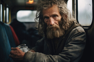 Homeless Man with Long Hair and Beard - Generative AI - obrazy, fototapety, plakaty