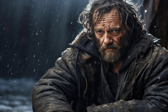 Homeless Man with Long Hair and Beard Sitting in the Rain, Generative AI
