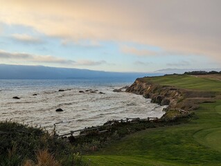 Half Moon Bay coastal cliffside landscape at sunset, California coastline, Pacific Ocean view from the cliffs of Half Moon Bay, San Francisco coastline, California cliffed abrasion coast	