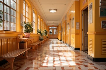 Yellow lockers in school hallway