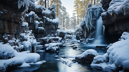 Eternal Flow: A Frozen Waterfall's Icy Contrast