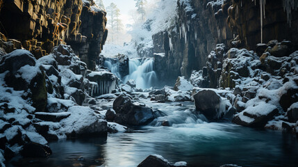 Eternal Flow: A Frozen Waterfall's Icy Contrast