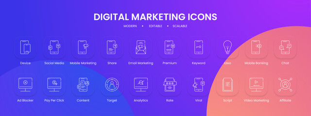 Digital marketing icon collection with black outline style. marketing, digital, social, media, business, internet, web. Vector Illustration