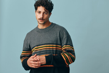 Obraz premium Man smile fashion look trendy style portrait copyspace handsome standing face sweater hipster