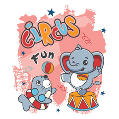 vector illustration of cute circus elephant and seal