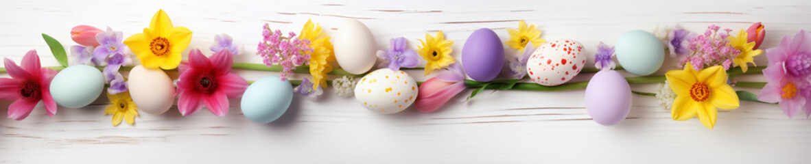カラフルなイースターの卵と春の花の背景バナー　Generative AI