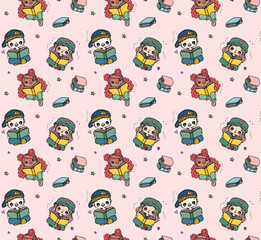 Cute Kawaii Students Reading a Book Seamless Pattern on Pink Background