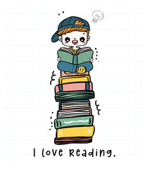 Excited Student boy Reading Book on Stack of Books. Back to School Illustration