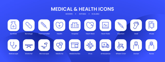 Medical and health icon collection with black filled line outline style. health, set, medical, collection, symbol, medicine, flat. Vector Illustration