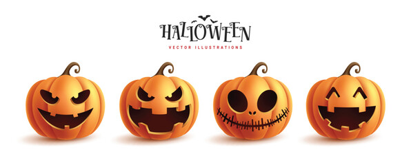 Halloween pumpkins set vector design. Halloween orange pumpkin character with funny, cute and happy face isolated in white background. Vector illustration  for lantern squash collection.
