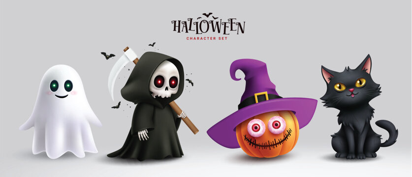 Halloween characters horror vector set design. Halloween character like grim reaper, ghost, pumpkin and cute cat mascot cartoon. Vector illustration party costume character collection.
