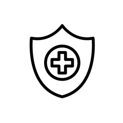 Protection medical and health icon with black outline style. protection, shield, outline, sign, line, stroke, thin. Vector Illustration